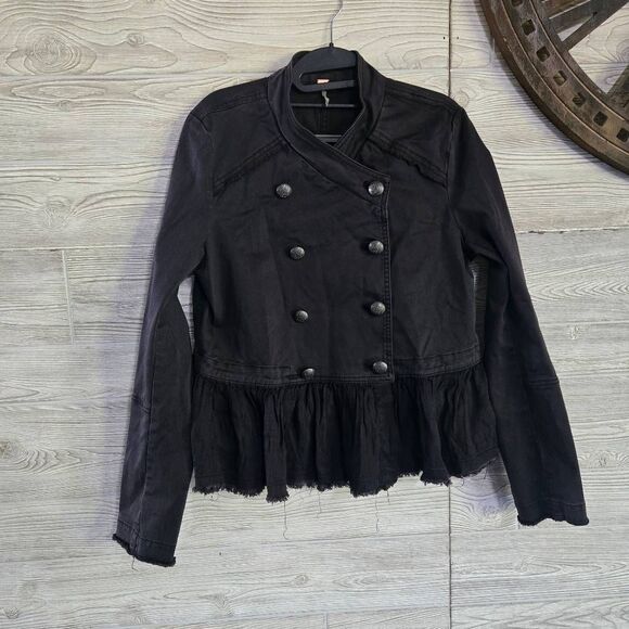 Free People Military Ruffle Hem Jacket Womens SZ M Cotton Grey - Picture 2 of 10